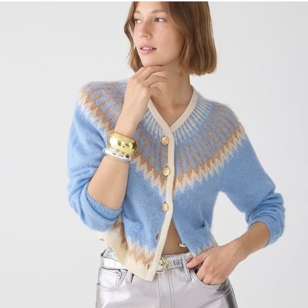 J. Crew Fair Isle Brushed Yarn Cardigan Sweater in Frosted Tundra Snow